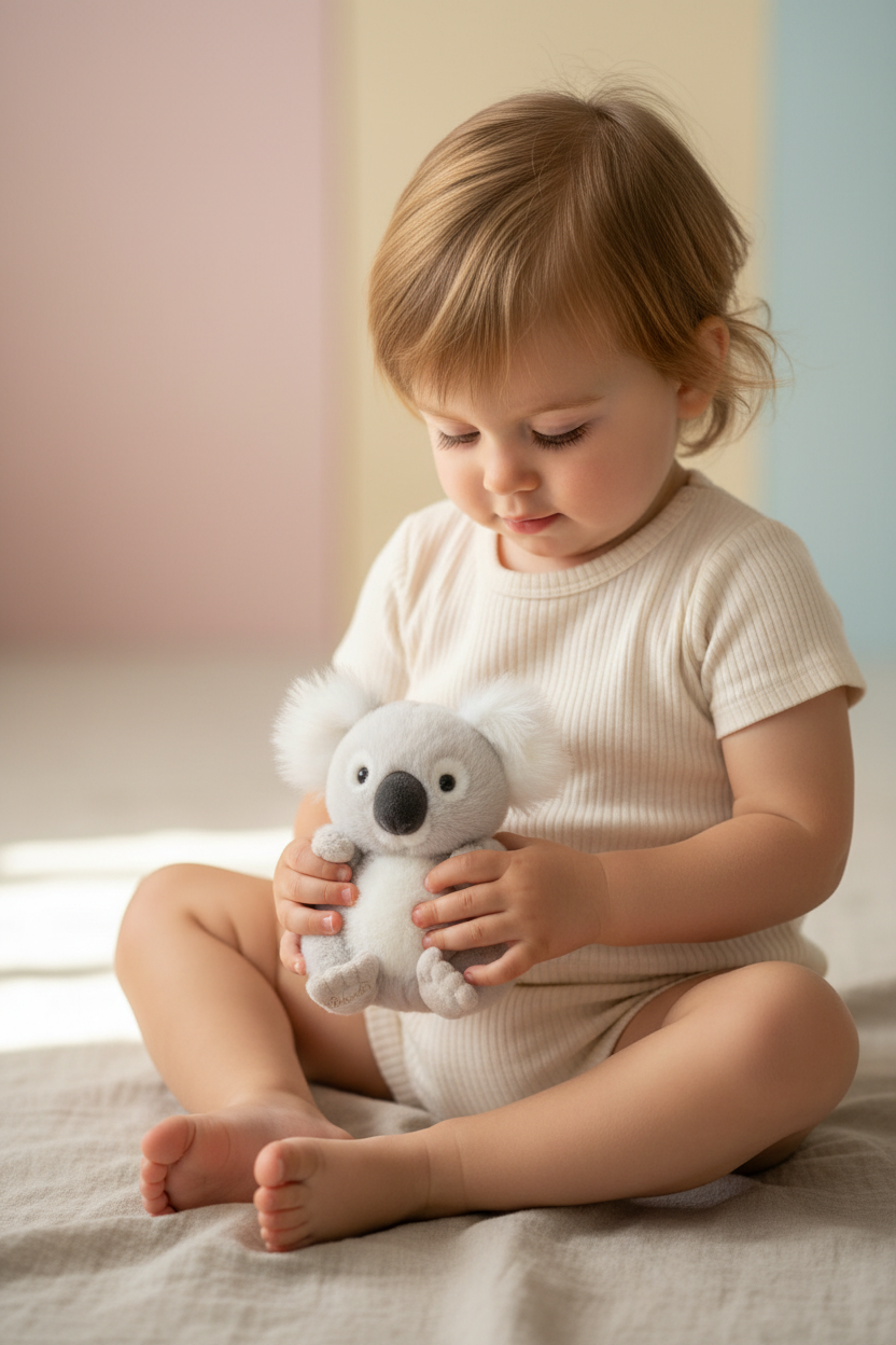 Peluche Baby Koala Bukowski Design en situation – doudou bébé doux et rassurant, idéal comme cadeau de naissance – Tawus
