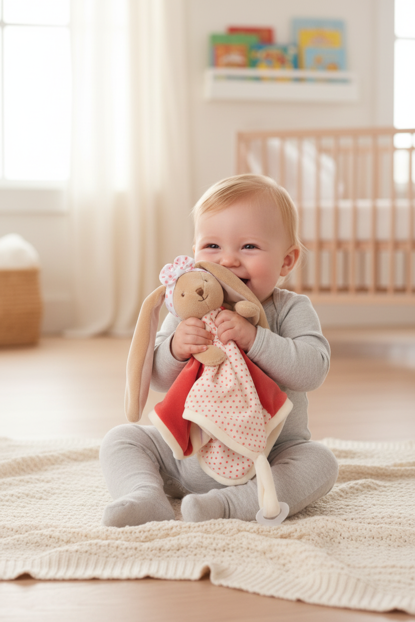 Peluche lapin baby rug Bukowski Design en situation – doudou bébé doux et rassurant, idéal comme cadeau de naissance – Tawus
