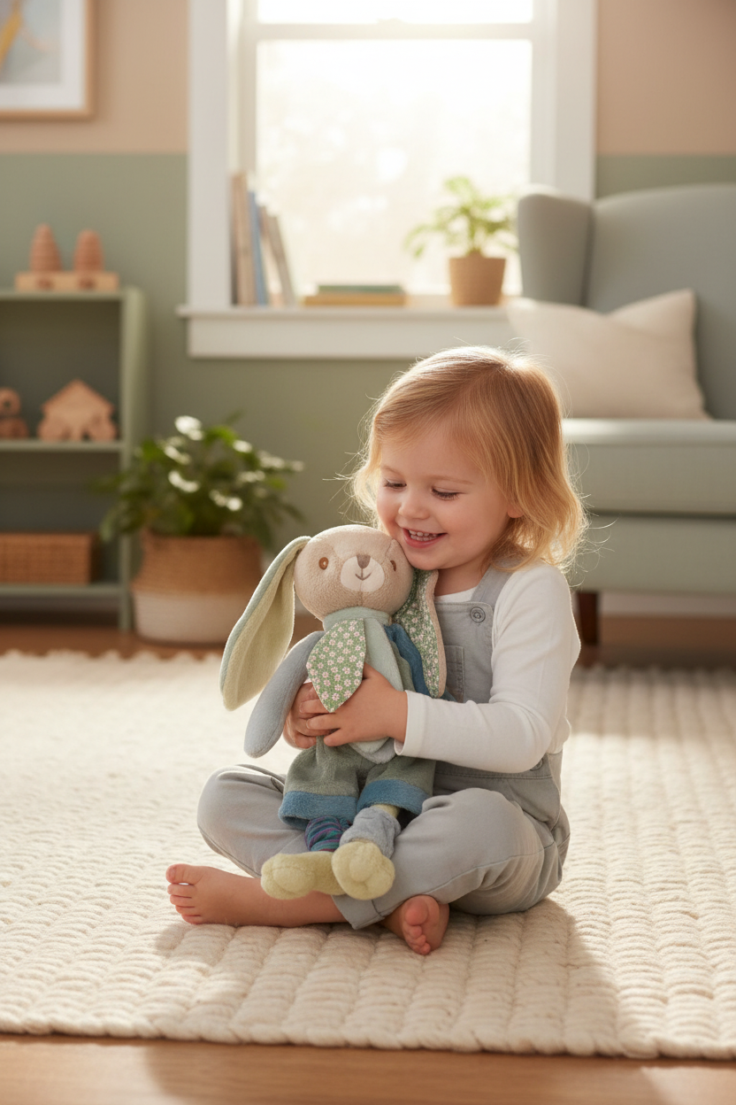 Peluche lapin Benji  Bukowski Design en situation – doudou bébé doux et rassurant, idéal comme cadeau de naissance – Tawus