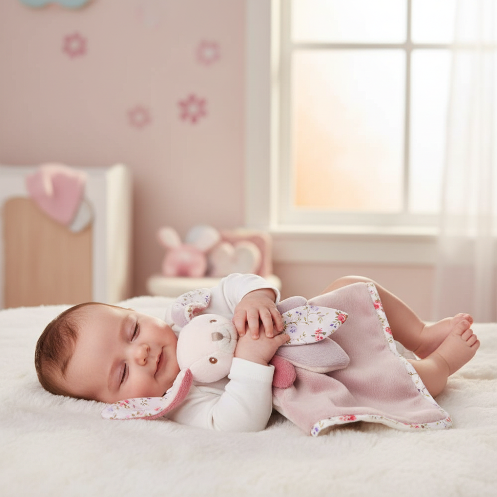 Peluche  lapin Bibi Bukowski Design en situation – doudou bébé doux et rassurant, idéal comme cadeau de naissance – Tawus