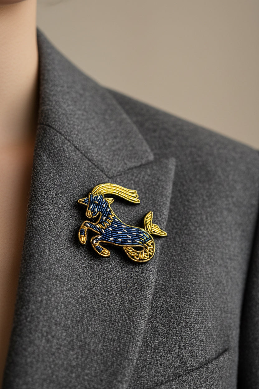 Broche Capricorne brodée à la main portée – accessoire mode zodiaque artisanal unique – Tawus