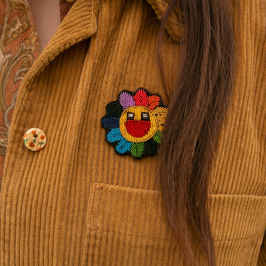 Broche Happy Flower brodée à la main portée – accessoire mode fleur hippie joyeuse artisanal unique – Tawus