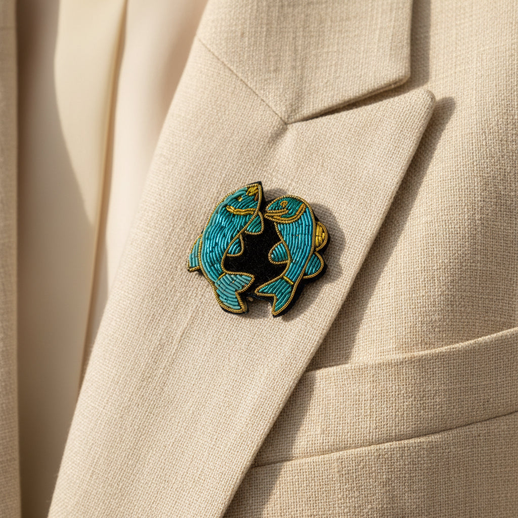 Broche Poisson brodée à la main portée – accessoire mode zodiaque artisanal unique – Tawus
