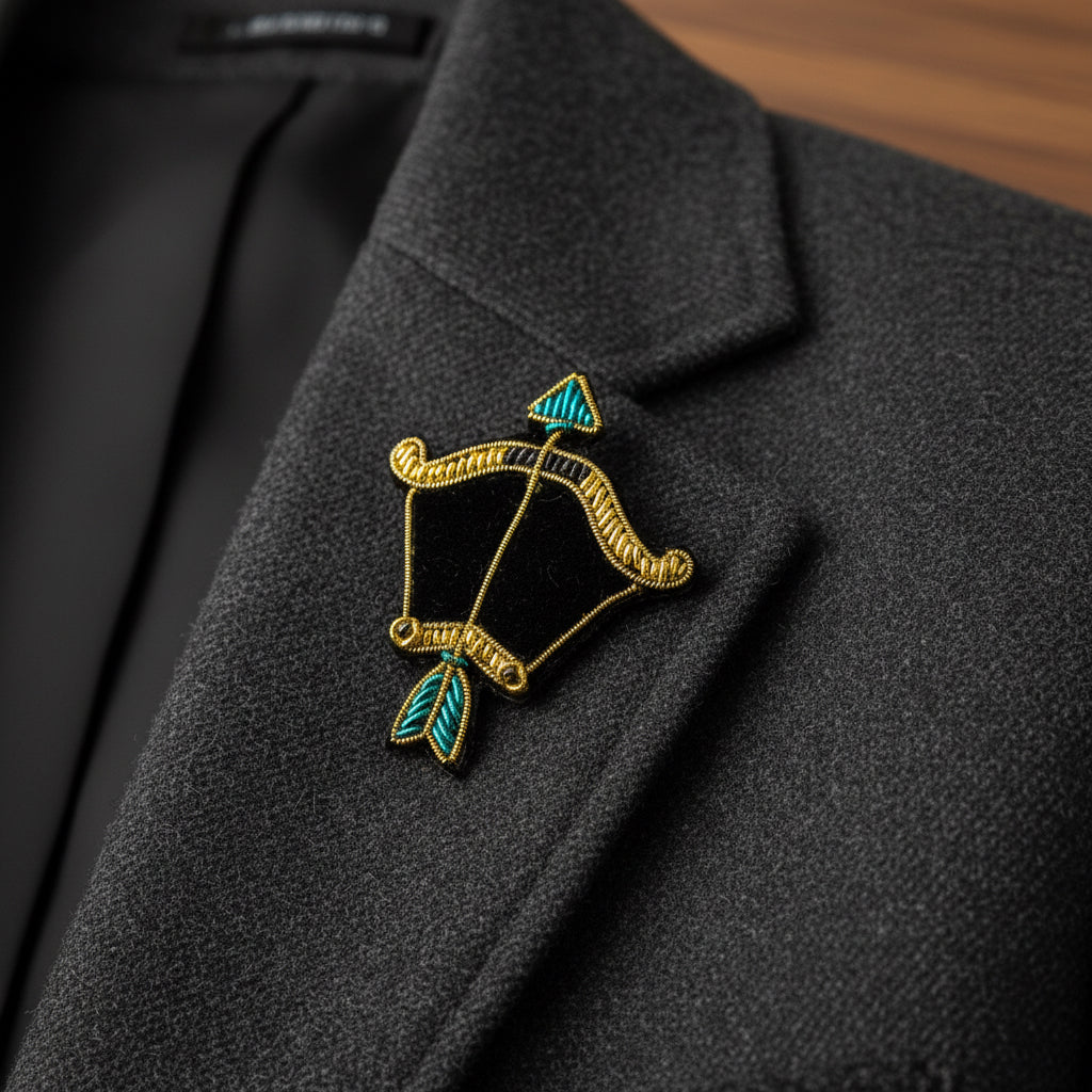 Broche Sagittaire brodée à la main portée – accessoire mode zodiaque artisanal unique – Tawus