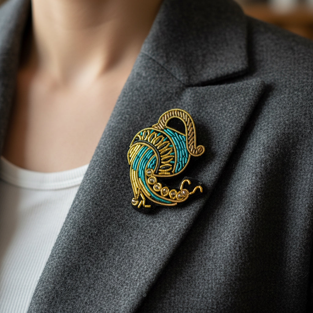 Broche Verseau brodée à la main portée – accessoire mode zodiaque artisanal unique – Tawus