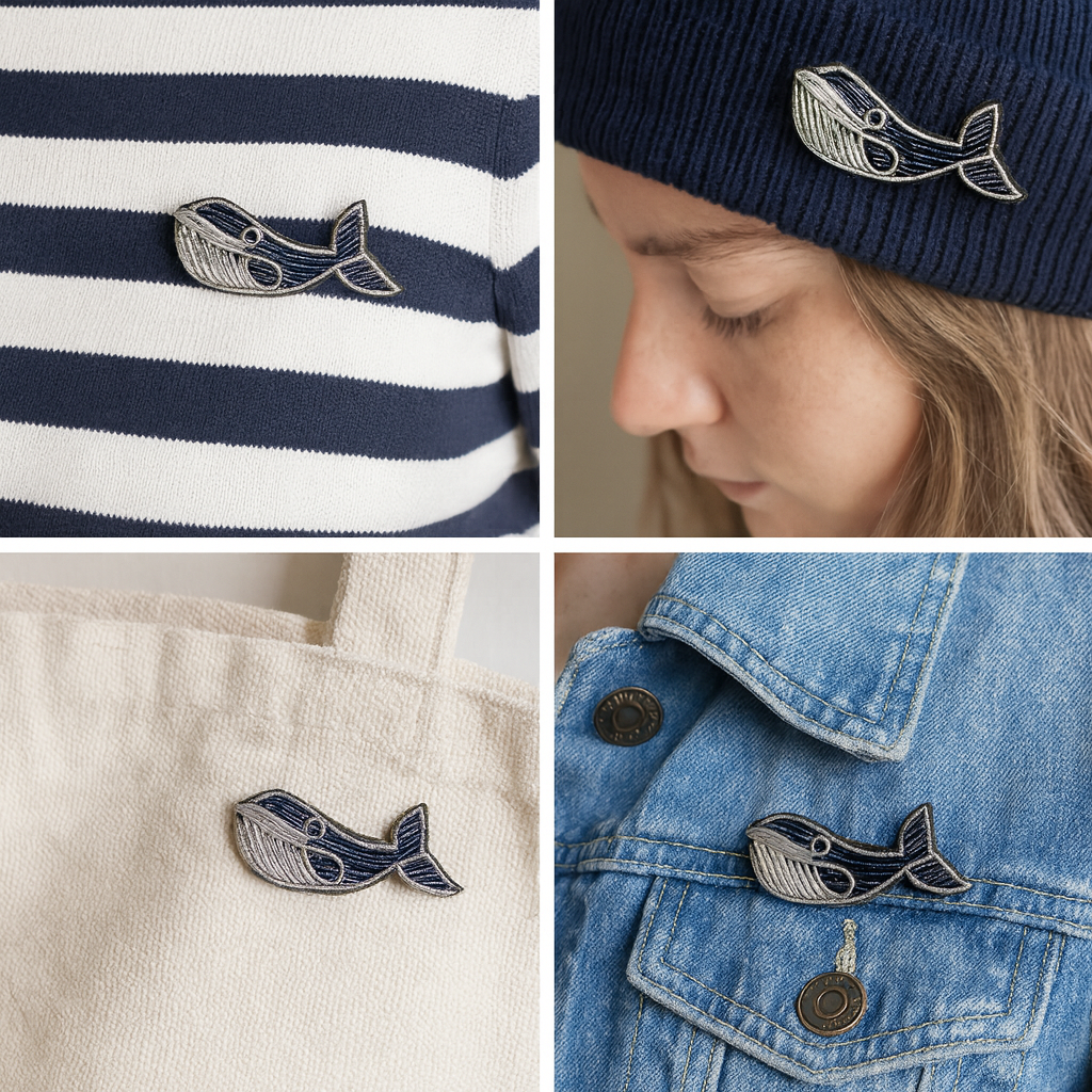 Broche baleine brodée à la main portée – accessoire mode baleine océan cétacé artisanal unique cadeau amoureux de la mer – Tawus
