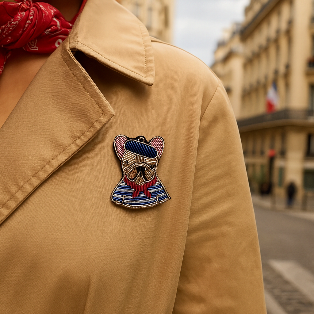 Broche bouledogue parisien brodée à la main portée – accessoire mode chien français Paris artisanal unique – Tawus