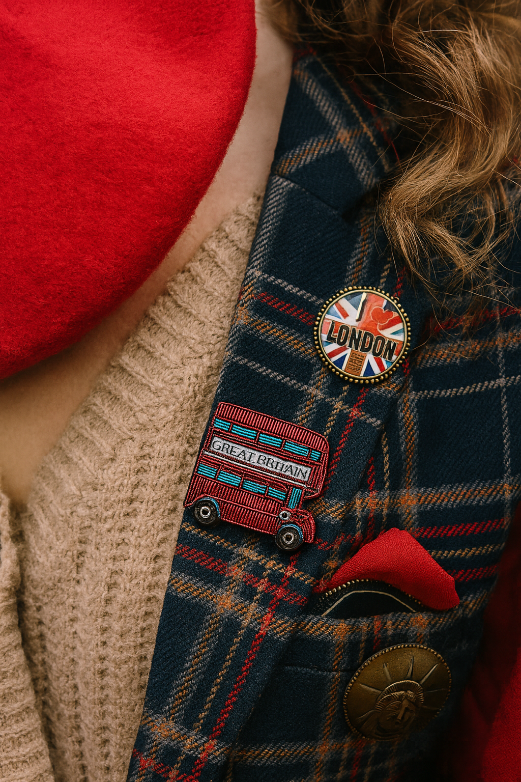 Broche bus anglais brodée à la main portée – accessoire mode british London rouge artisanal unique – Tawus