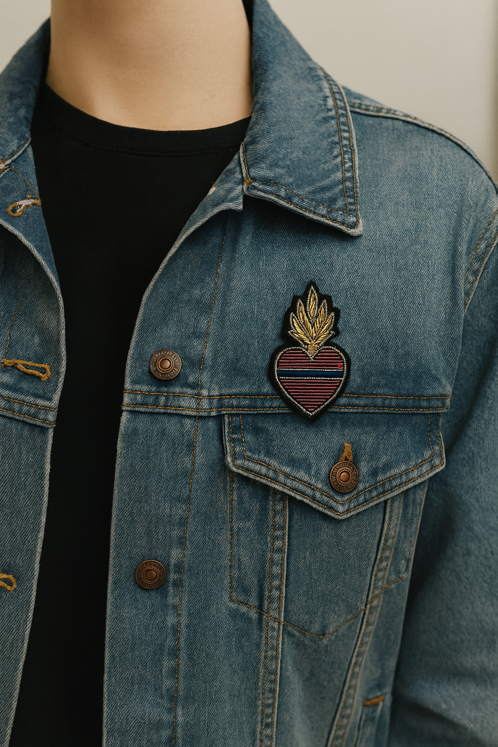 Broche cœur ex-voto flamme brodée à la main portée – accessoire mode cœur sacré flamme spiritualité mexicain artisanal unique – Tawus
