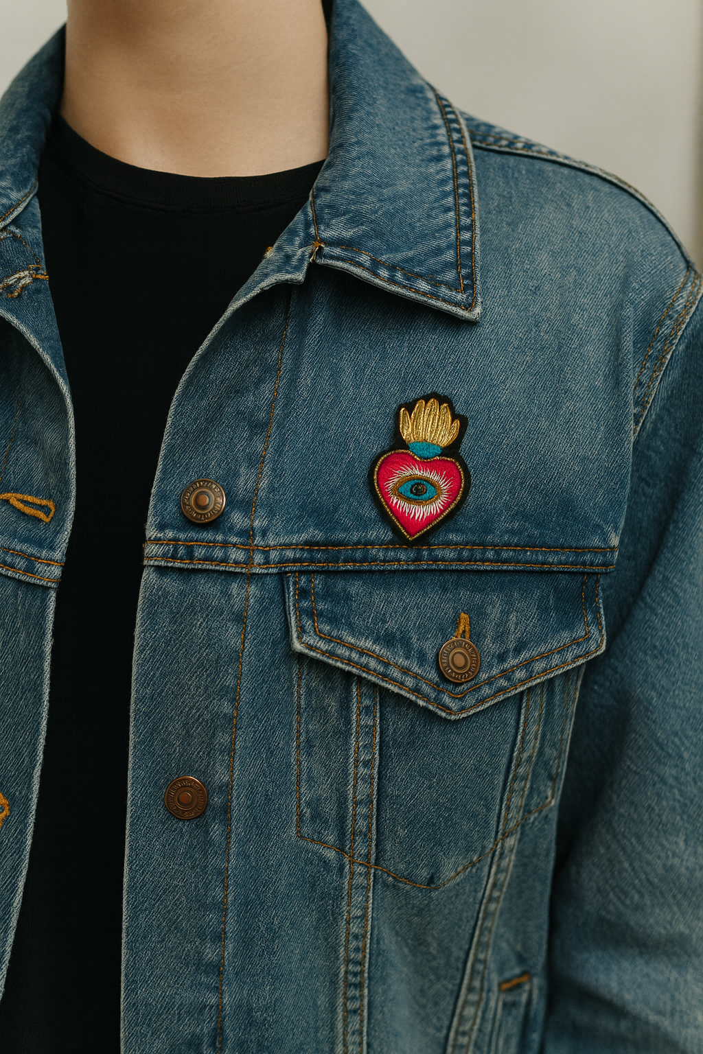 Broche cœur ex-voto œil bleu brodée à la main portée – accessoire mode cœur sacré nazar porte-bonheur spiritualité artisanal unique – Tawus
