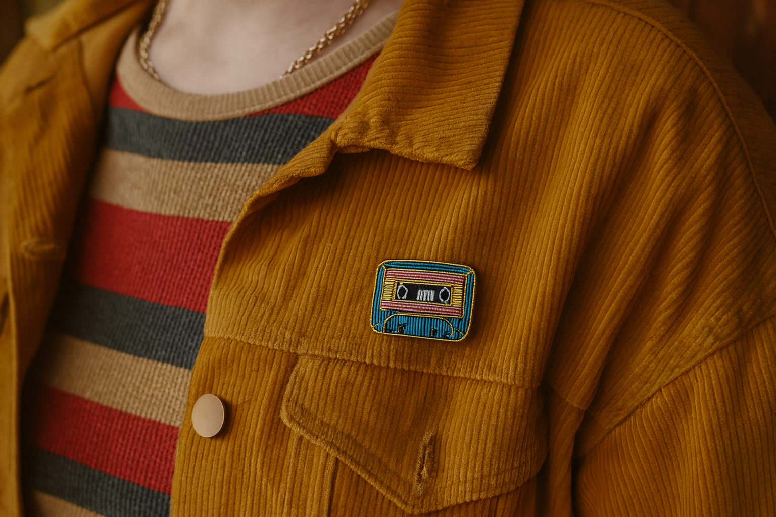 Broche cassette audio vintage brodée à la main portée – accessoire mode rétro musique années 80 artisanal unique – Tawus
