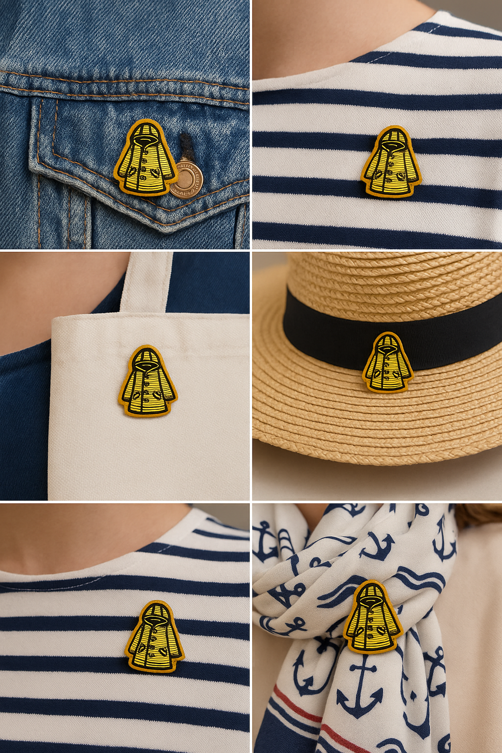 Broche ciré marin jaune brodée à la main portée – accessoire mode ciré pêcheur jaune Bretagne artisanal unique – Tawus