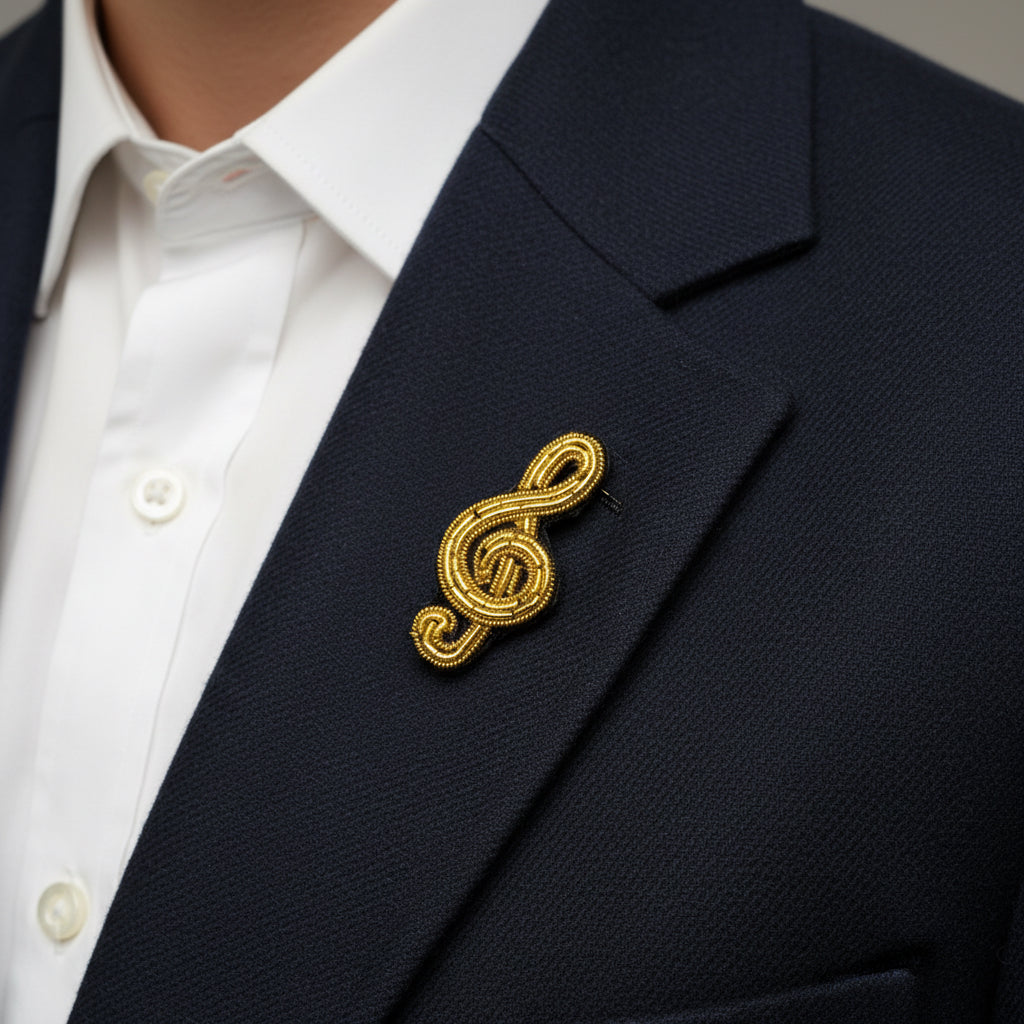 Broche clé de sol brodée à la main portée – accessoire mode musique artisanal unique – Tawus