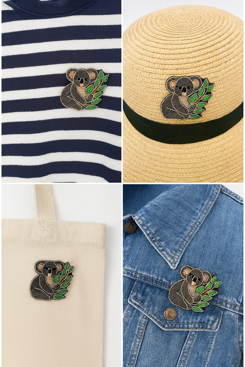 Broche koala brodée à la main portée fils métalliques – accessoire mode koala Australie animal mignon artisanal unique cadeau original – Tawus

