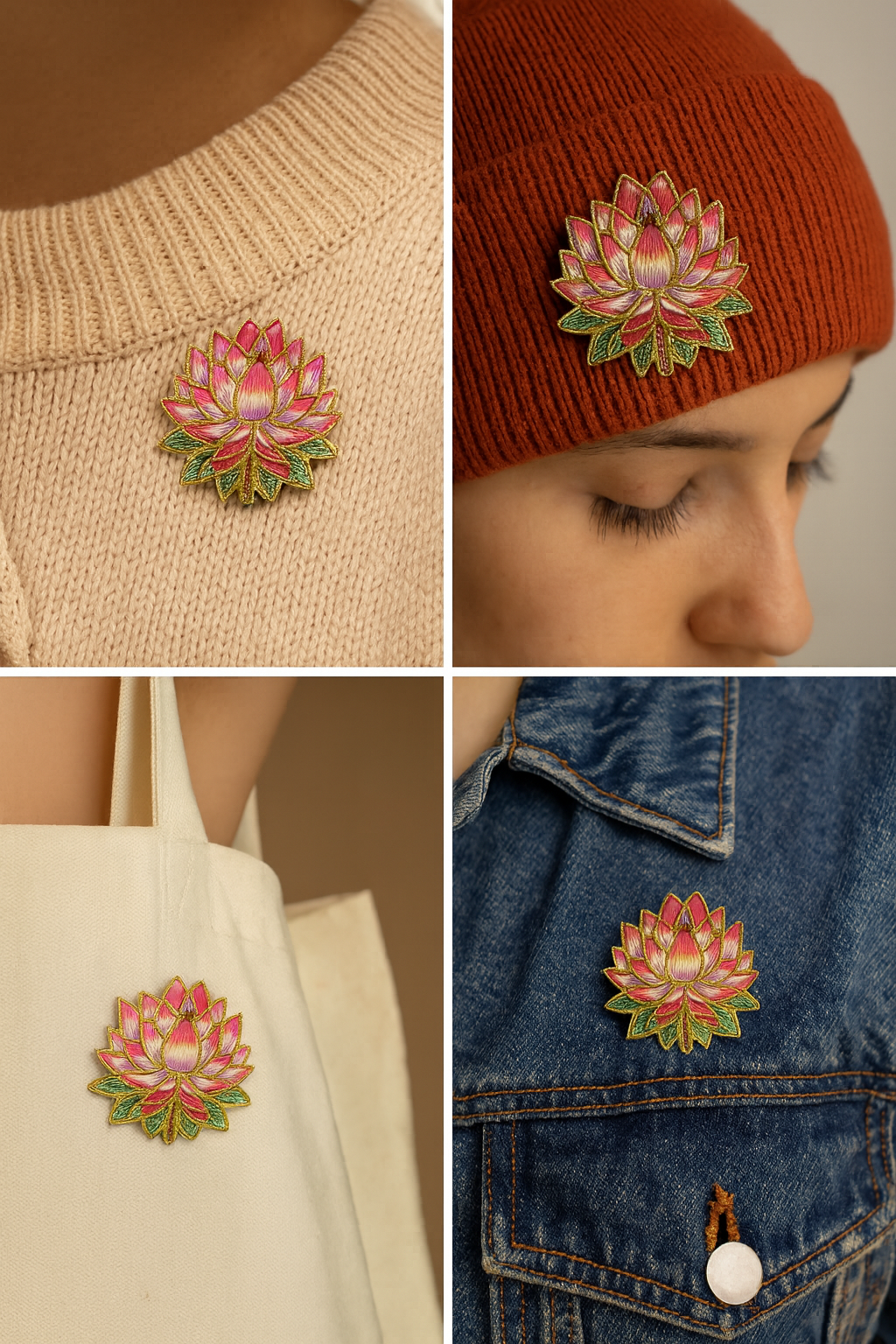 Broche lotus brodée à la main portée – accessoire mode fleur lotus spiritualité éveil bouddhisme yoga artisanal unique cadeau original – Tawus
