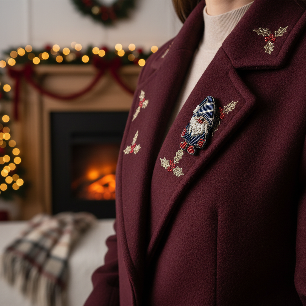 Broche lutin brodée à la main portée – accessoire mode féérique Noël artisanal unique – Tawus