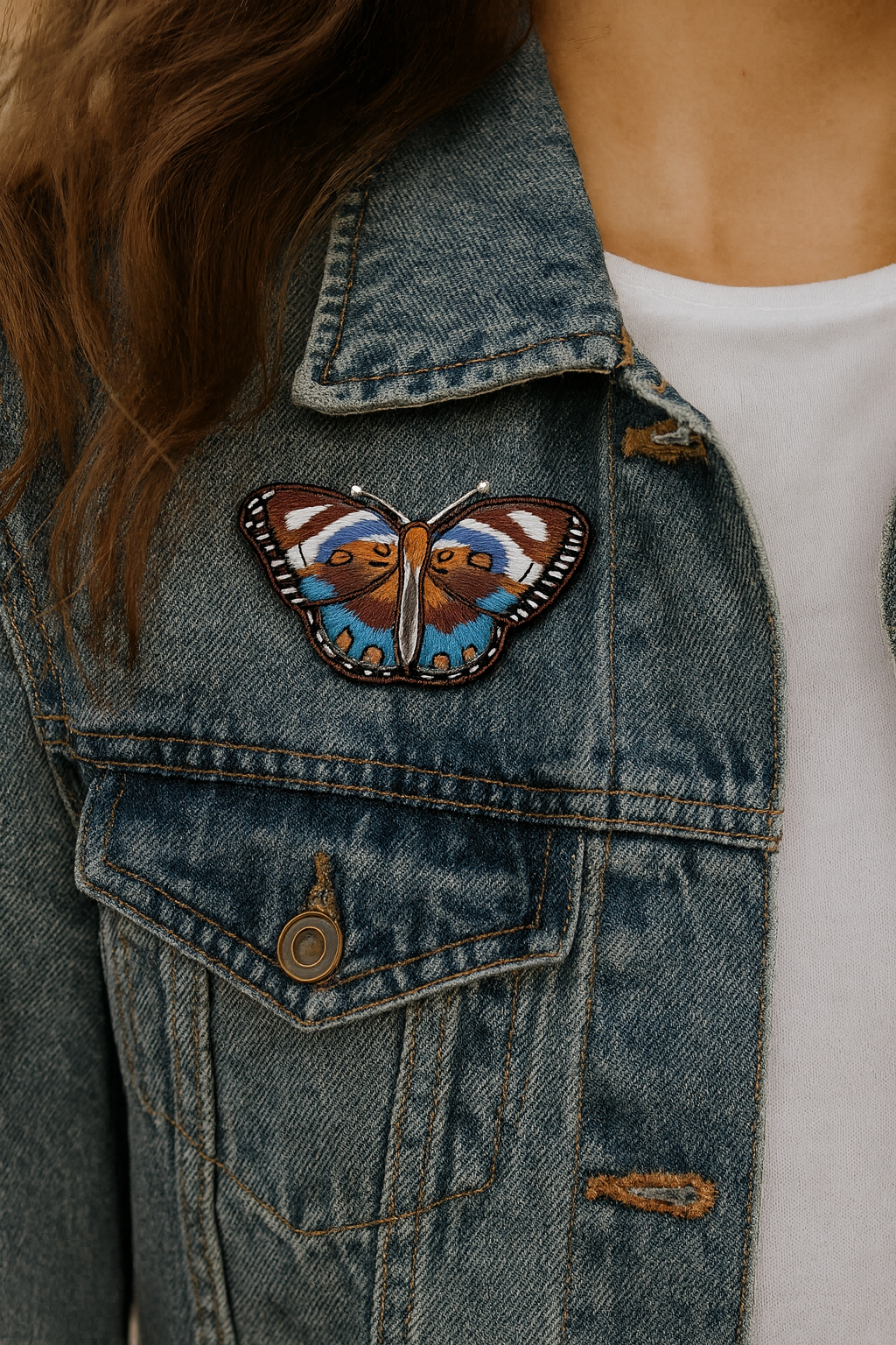 Broche papillon bleu brodée à la main portée sur veste – accessoire mode papillon bleu liberté transformation artisanal unique cadeau original – Tawus
