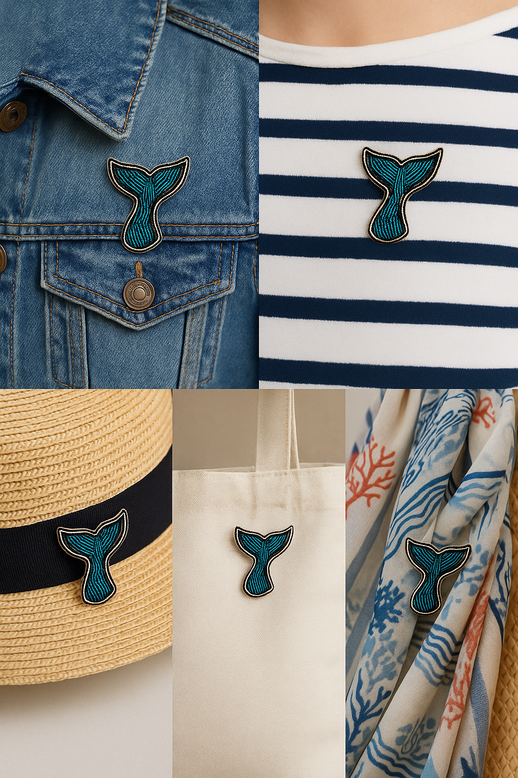 Broche queue de baleine brodée à la main portée – accessoire mode queue baleine cétacé mer océan artisanal unique cadeau original – Tawus
