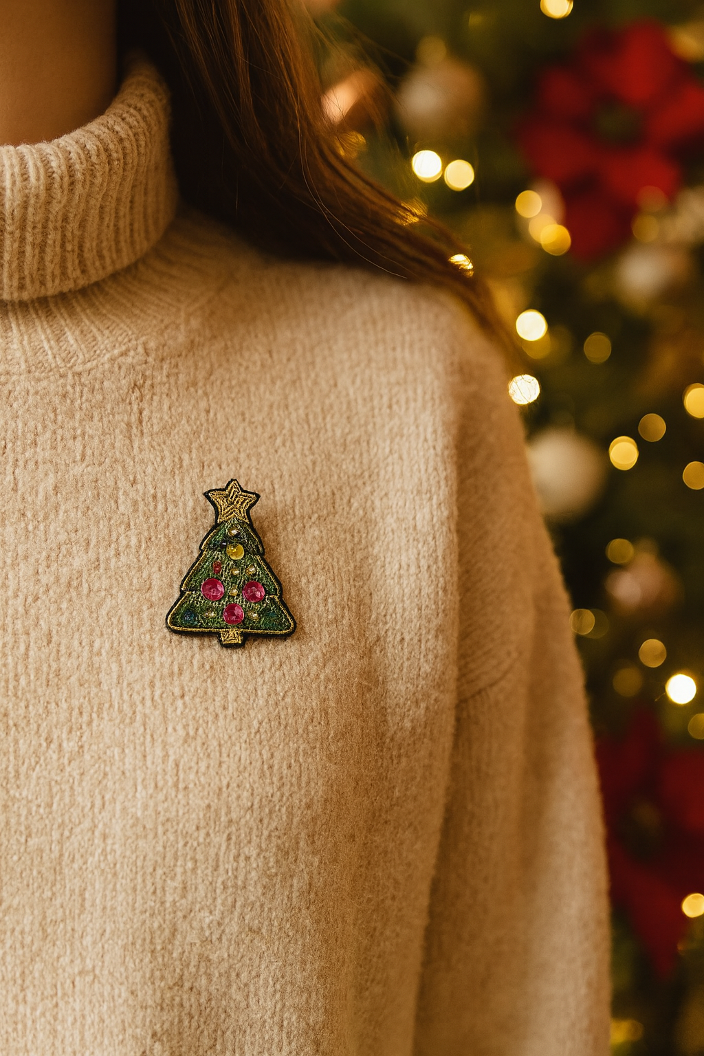 Broche sapin de Noël brodée à la main portée – accessoire mode Noël fêtes hiver artisanal unique cadeau original – Tawus
