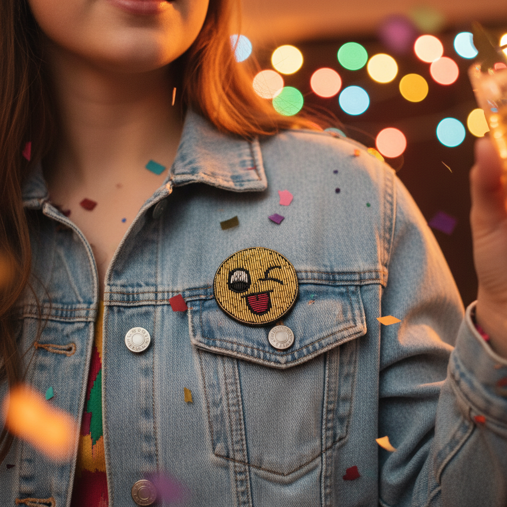 Broche smiley clin d'œil brodée à la main portée – accessoire mode fun emoji artisanal unique – Tawus