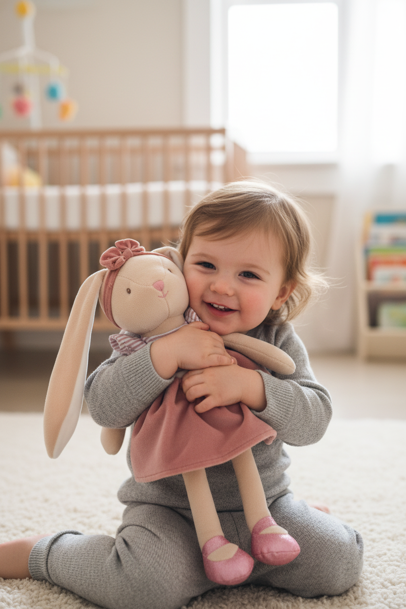 Peluche Sunny Sister Rose Bukowski Design en situation – doudou bébé doux et rassurant, idéal comme cadeau de naissance – Tawus