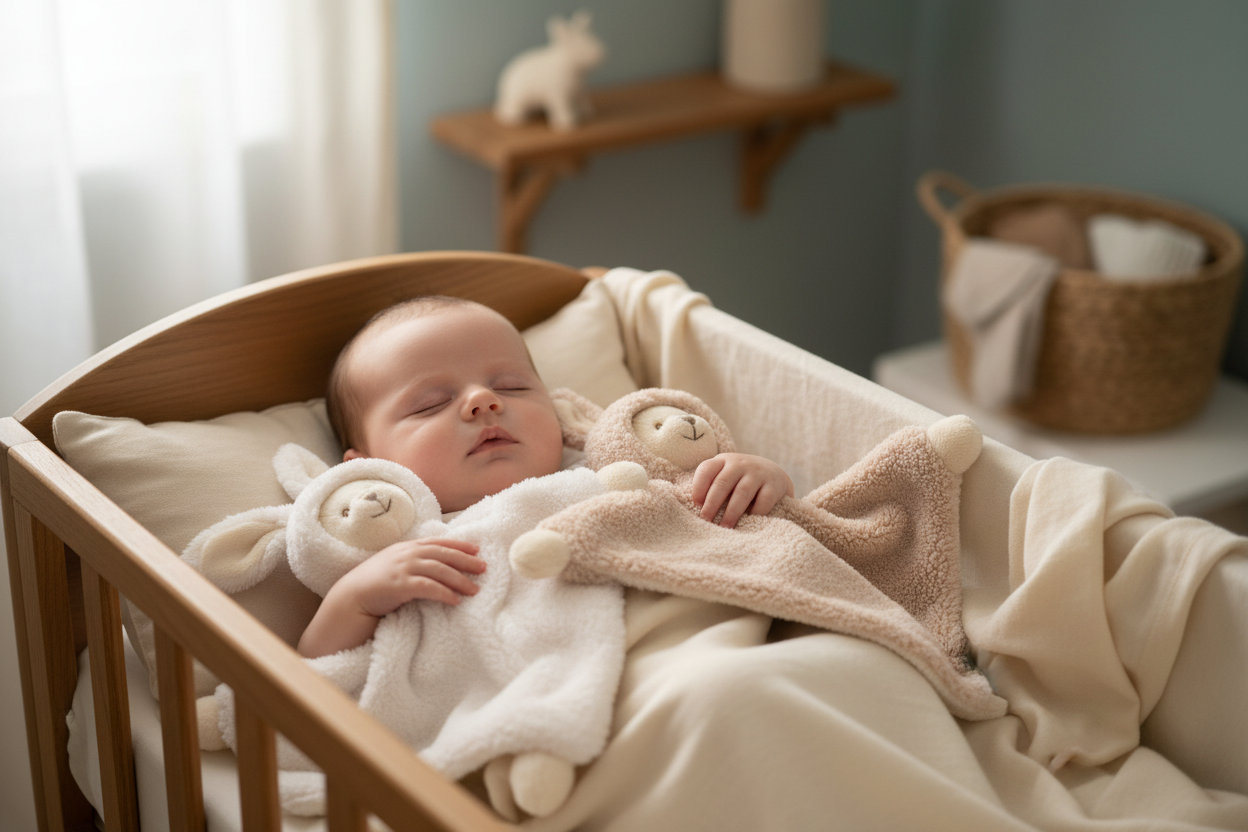 Peluche doudou plat ours Ziggy Bukowski Design en situation – doudou bébé doux et rassurant, idéal comme cadeau de naissance – Tawus