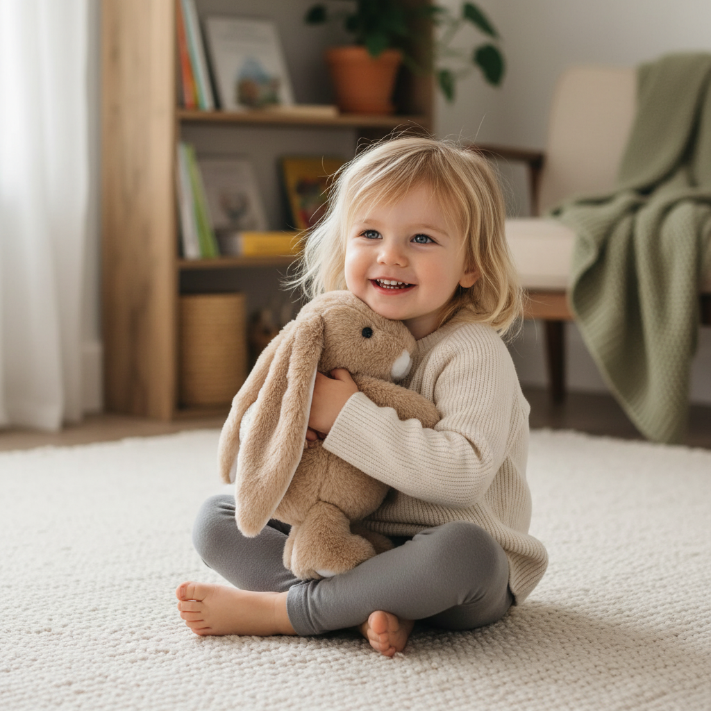 Peluche Friendly Kanini Taupe Bukowski Design en situation – doudou bébé doux et rassurant, idéal comme cadeau de naissance – Tawus