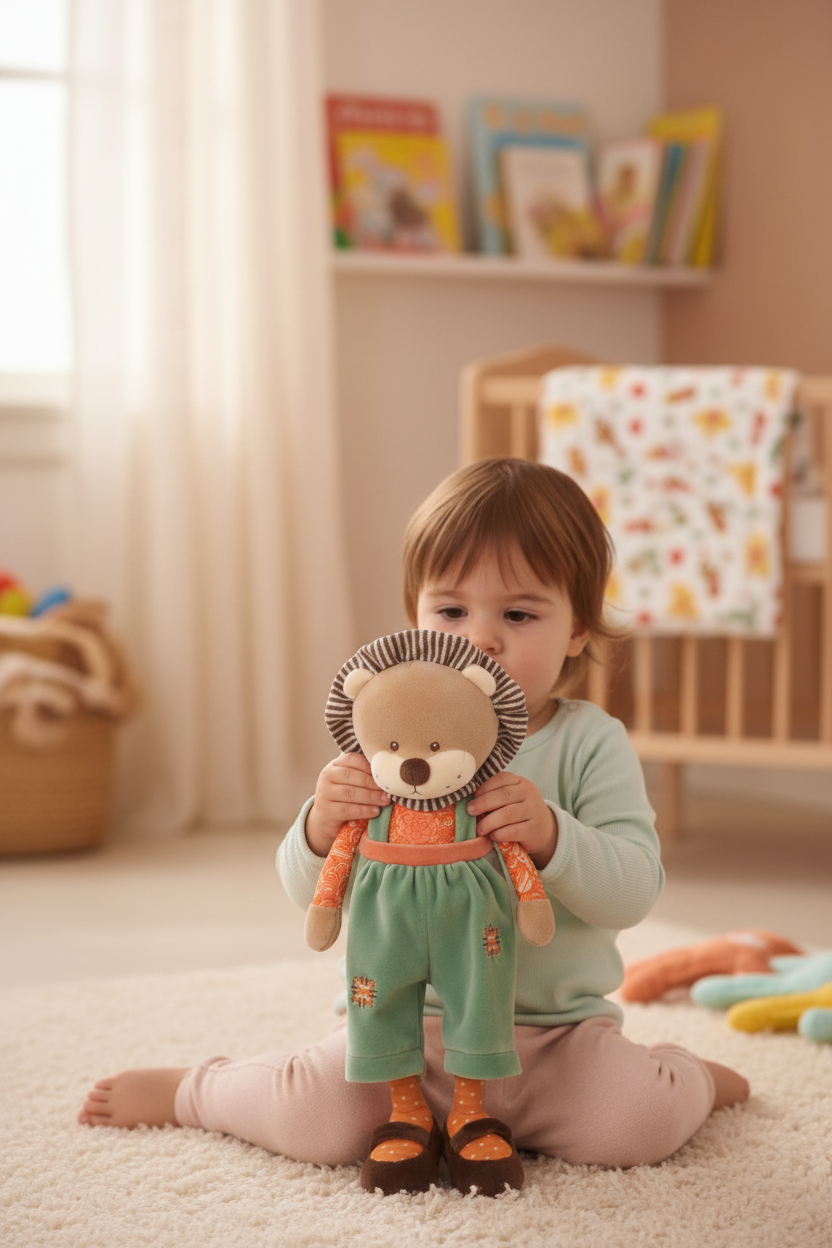 Peluche lion happy Léo Bukowski Design en situation – doudou bébé doux et rassurant, idéal comme cadeau de naissance – Tawus