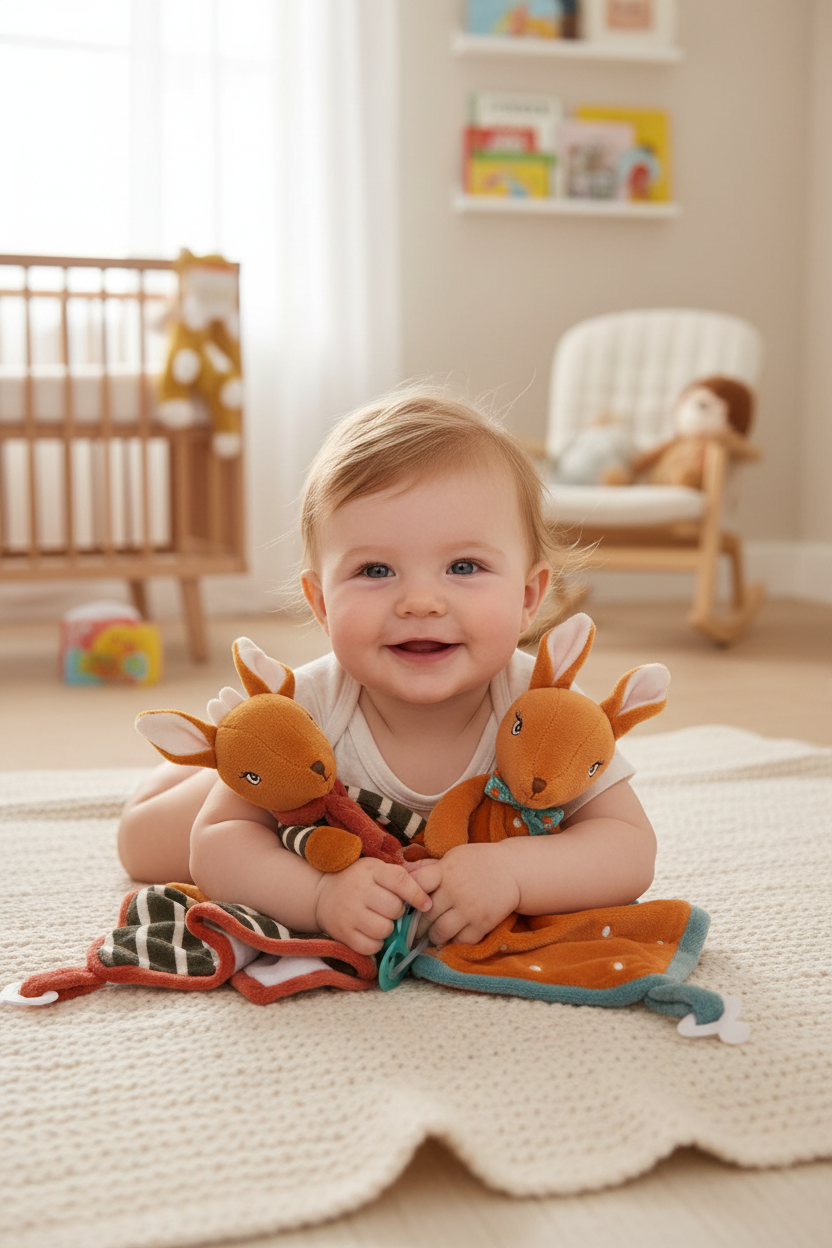 Peluche Harald et Helga baby rug Bukowski Design en situation – doudou bébé doux et rassurant, idéal comme cadeau de naissance – Tawus