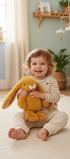 Peluche junior Kahina deep saffron Bukowski Design en situation – doudou bébé doux et rassurant, idéal comme cadeau de naissance – Tawus