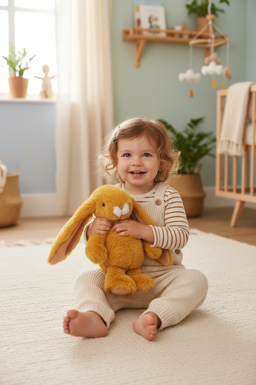 Peluche junior Kahina deep saffron Bukowski Design en situation – doudou bébé doux et rassurant, idéal comme cadeau de naissance – Tawus