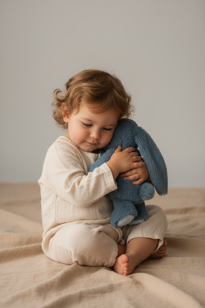 Peluche junior Kahina fjord blue Bukowski Design en situation – doudou bébé doux et rassurant, idéal comme cadeau de naissance – Tawus