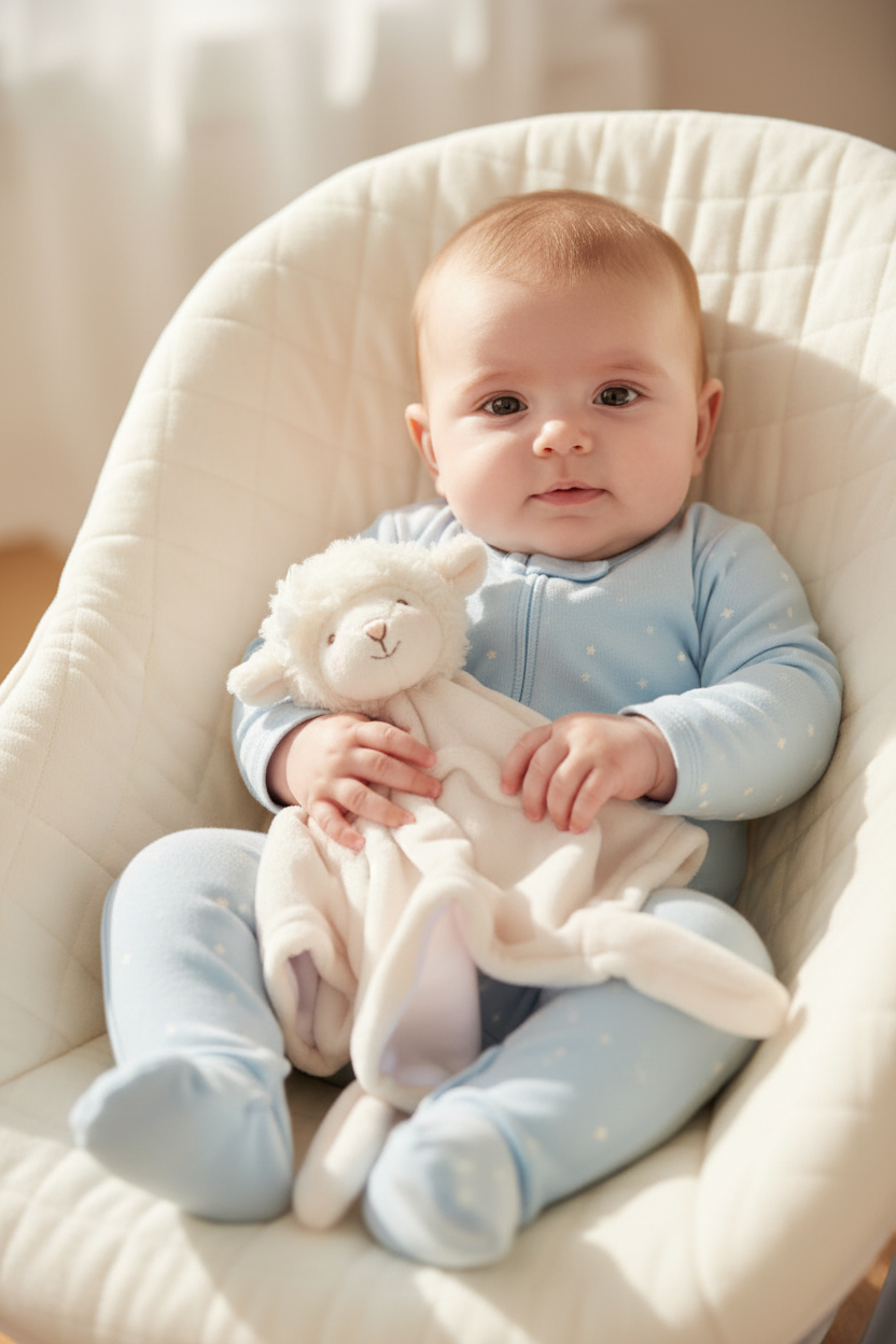 Peluche baby rug mouton Molly  Bukowski Design en situation – doudou bébé doux et rassurant, idéal comme cadeau de naissance – Tawus