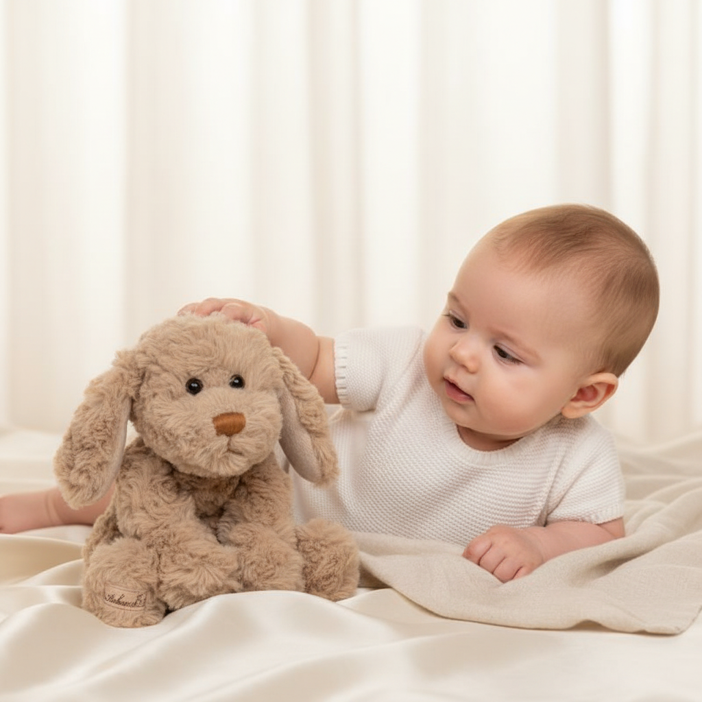 Peluche chien Buddy Bukowski Design en situation – doudou bébé doux et rassurant, idéal comme cadeau de naissance – Tawus