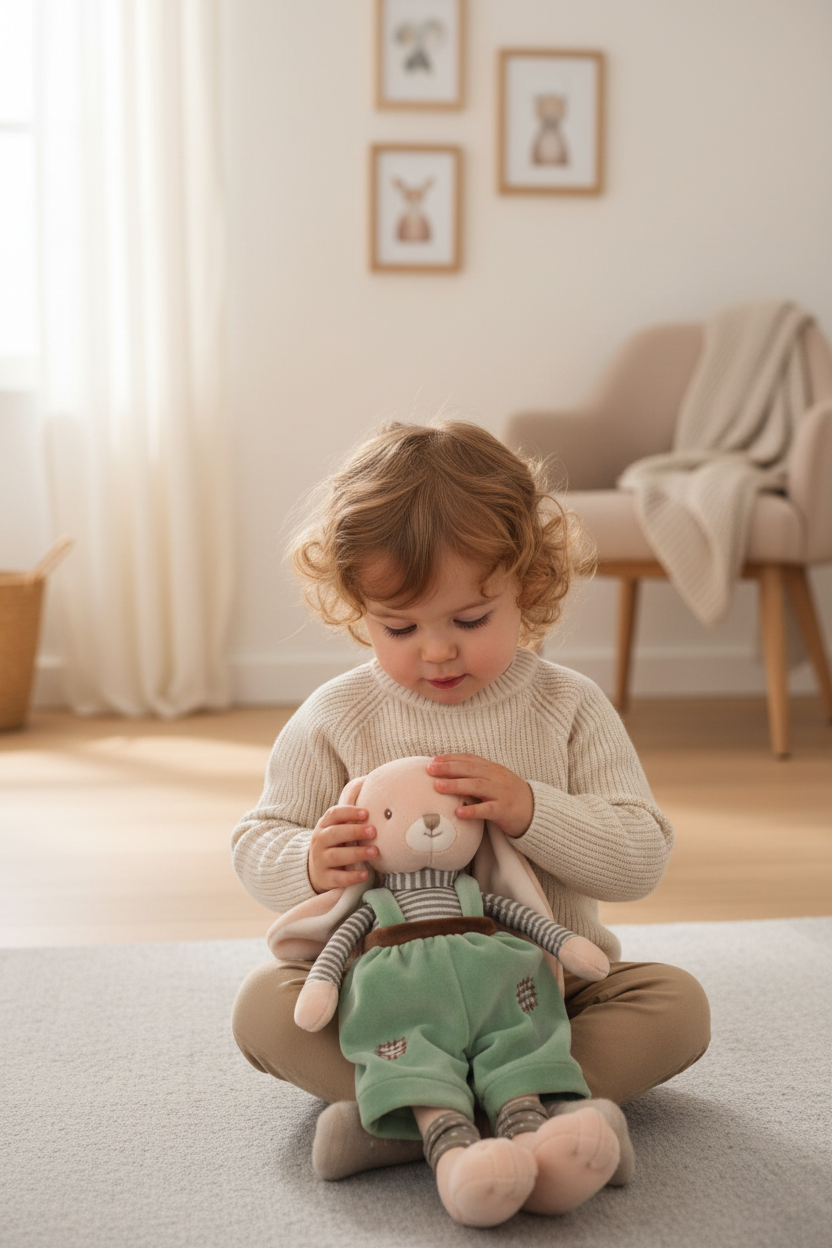 Peluche Bunny Brothers Bukowski Design en situation – doudou bébé doux et rassurant, idéal comme cadeau de naissance – Tawus