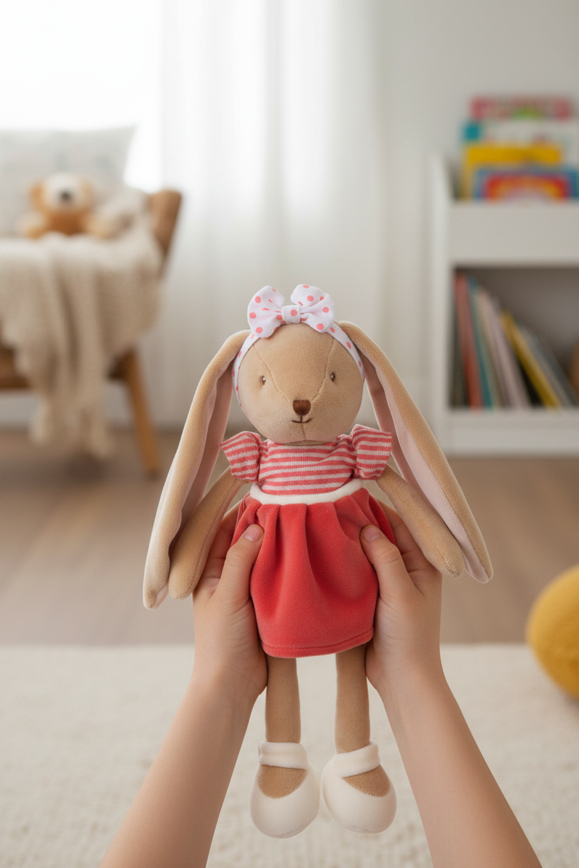 Peluche Bunny Sister Rouge Bukowski Design en situation – doudou bébé doux et rassurant, idéal comme cadeau de naissance – Tawus