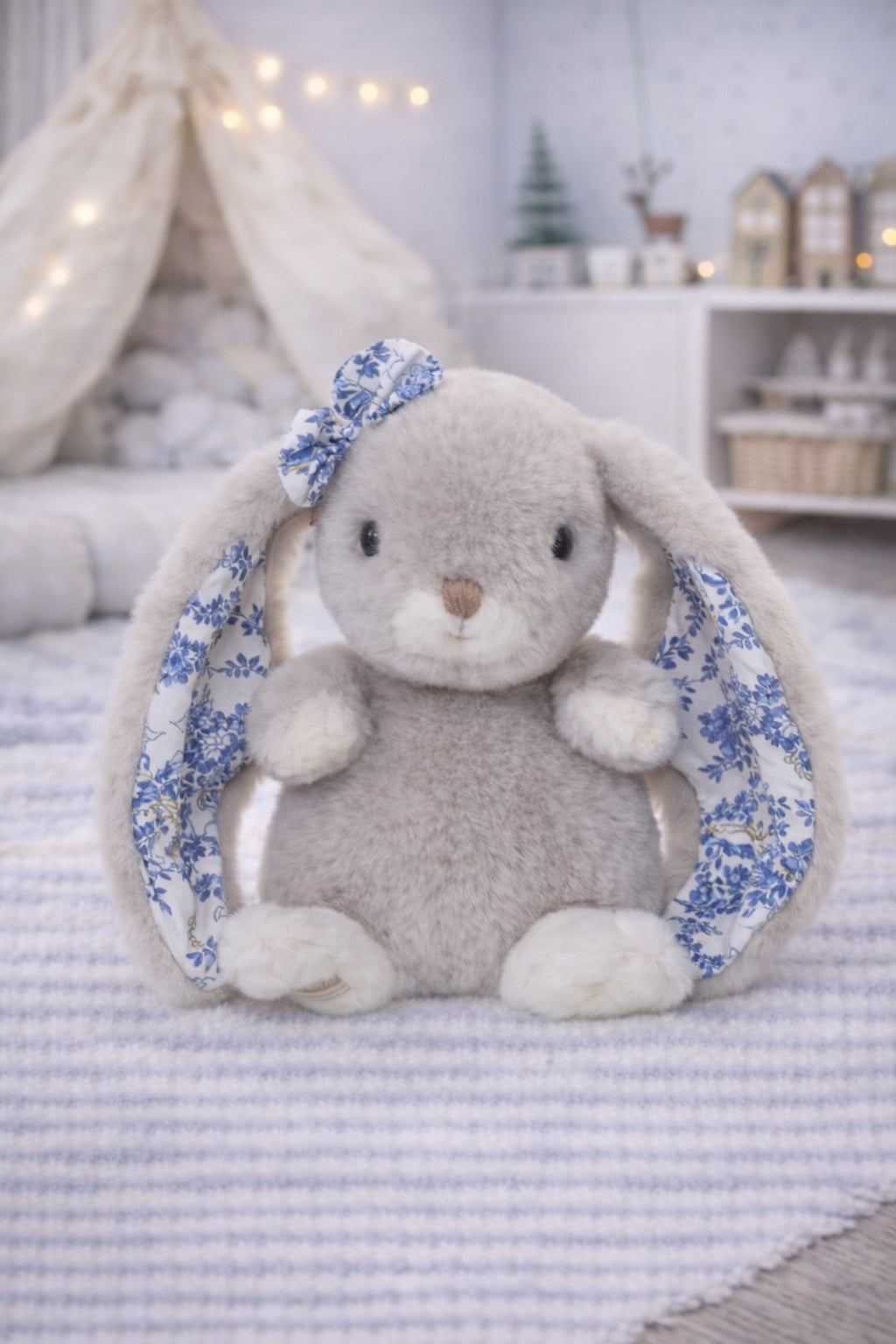 Peluche lapin Kanina Floral gris bleu Bukowski Design – doudou bébé lapin floral cadeau naissance – Tawus