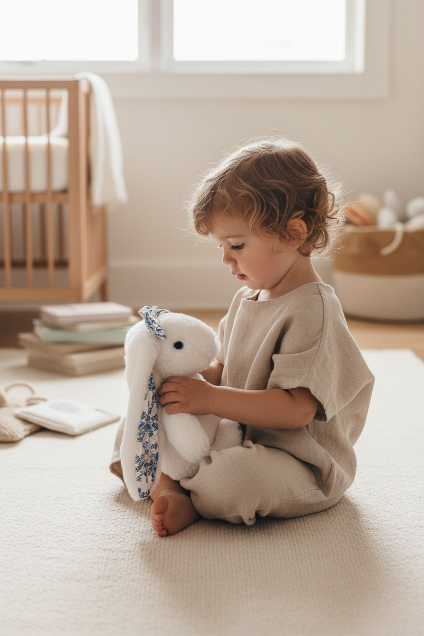 Peluche lapin sweet pretty floral Bukowski Design en situation – doudou bébé doux et rassurant, idéal comme cadeau de naissance – Tawus