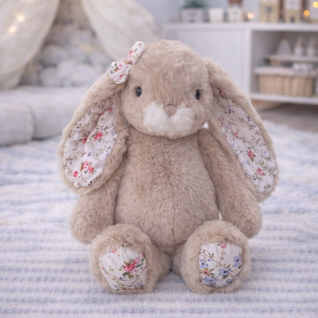 Peluche lapin Sweet Pretty Floral brun Bukowski Design – doudou bébé lapin brun floral cadeau naissance – Tawus
