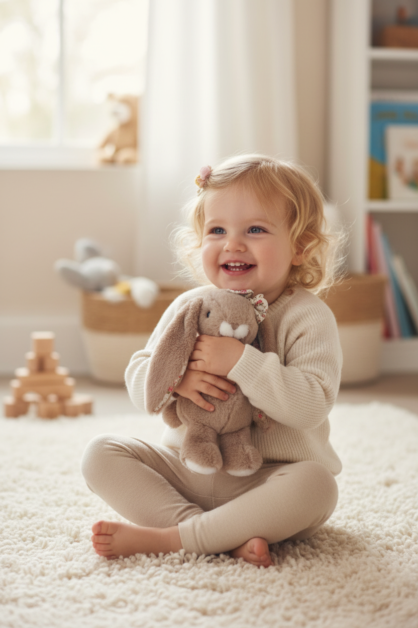 Peluche sweet pretty floral Bukowski Design en situation – doudou bébé doux et rassurant, idéal comme cadeau de naissance – Tawus