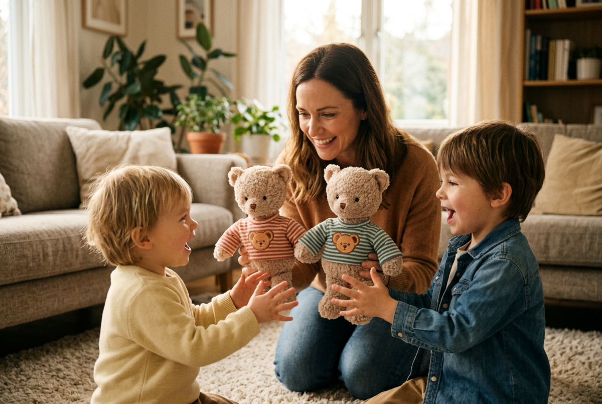  Peluche ours beige Colin de Bukowski Design avec enfants et maman assissent sur un tapis, 