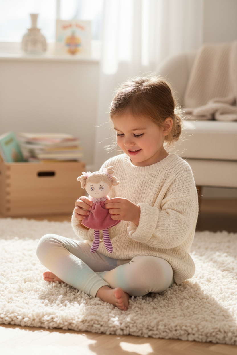 Peluche poupée Bukowski Design en situation – doudou bébé doux et rassurant, idéal comme cadeau de naissance – Tawus