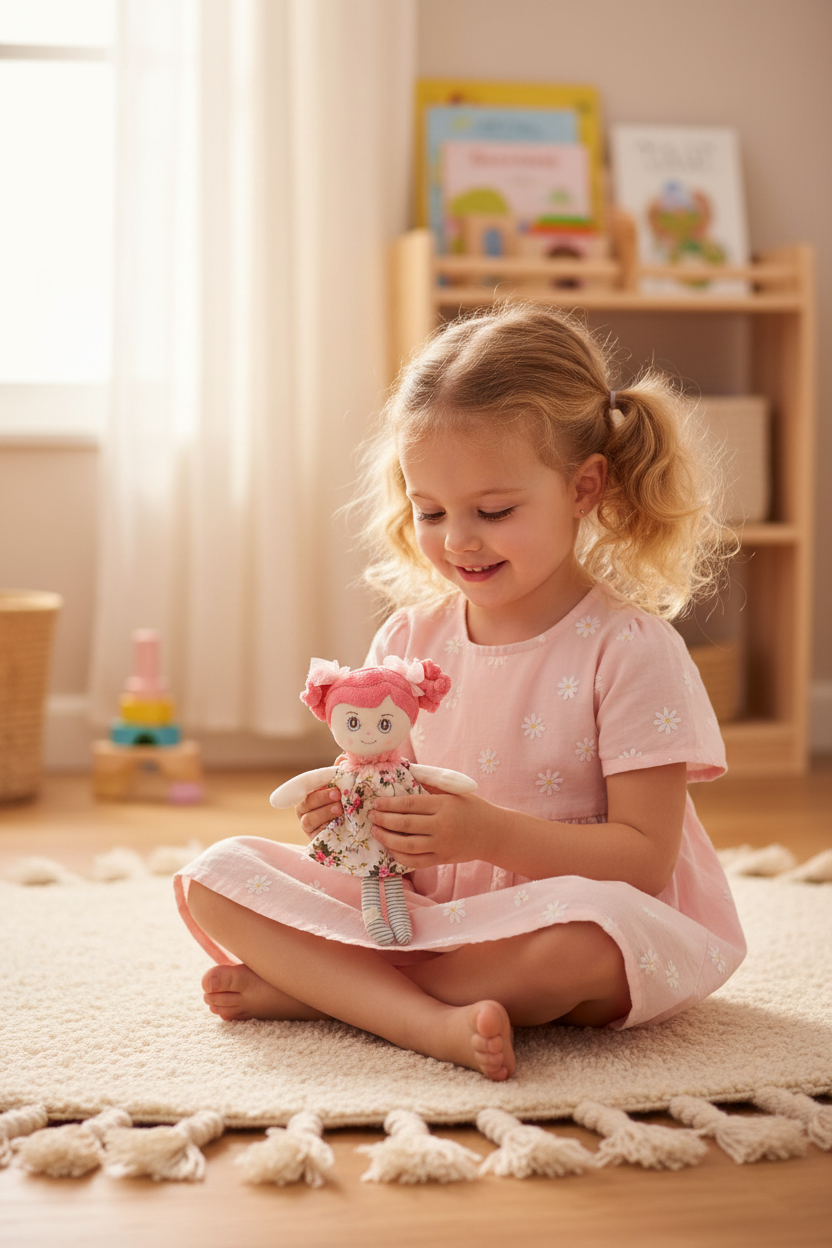 Peluche poupée Bukowski Design en situation – doudou bébé doux et rassurant, idéal comme cadeau de naissance – Tawus