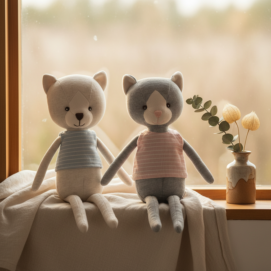 Peluche Wilma et Georges  Bukowski Design en situation – doudou bébé doux et rassurant, idéal comme cadeau de naissance – Tawus