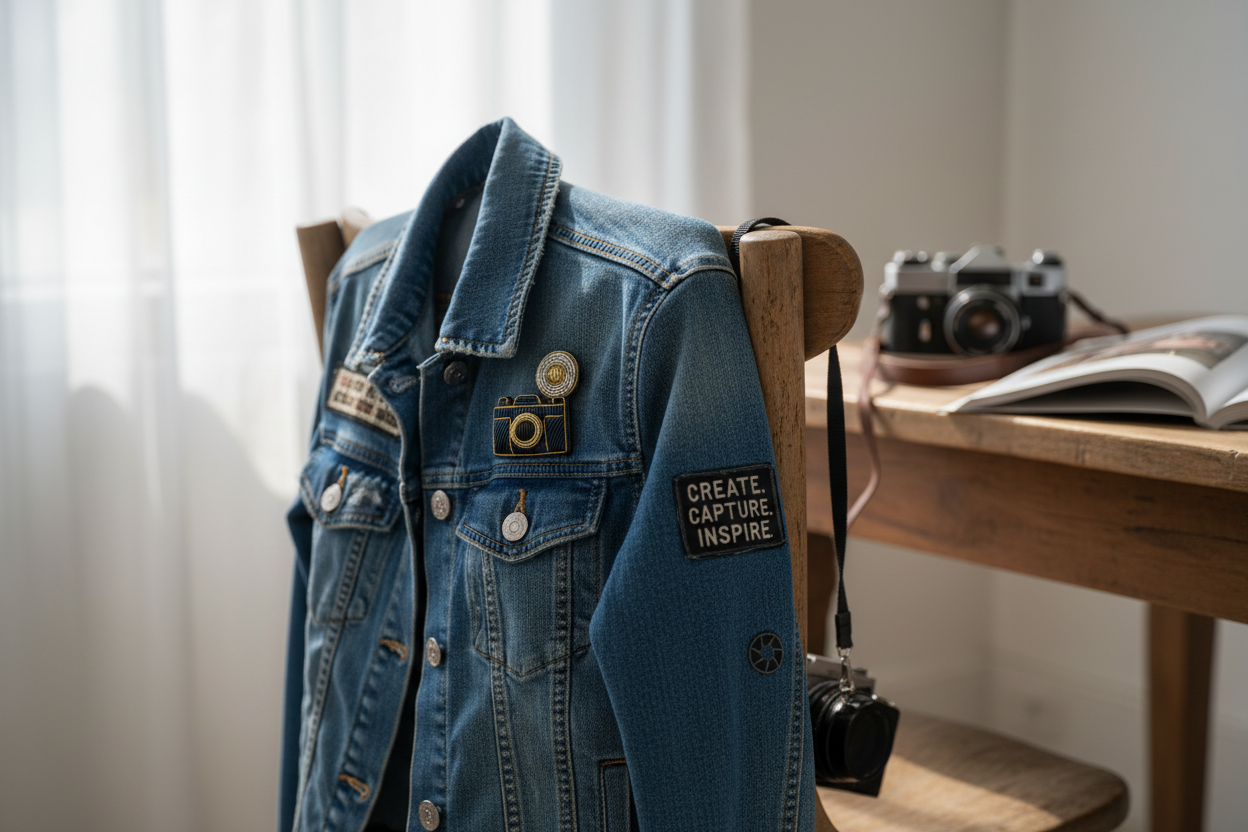 Broche appareil photo brodée à la main