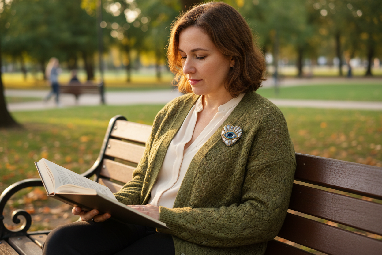 Broche Coeur Oeil Argent & Or brodée à la main