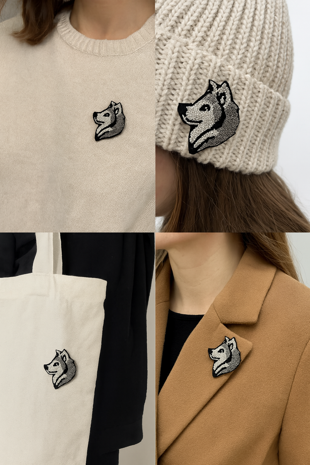 Broche Loup brodée à la main