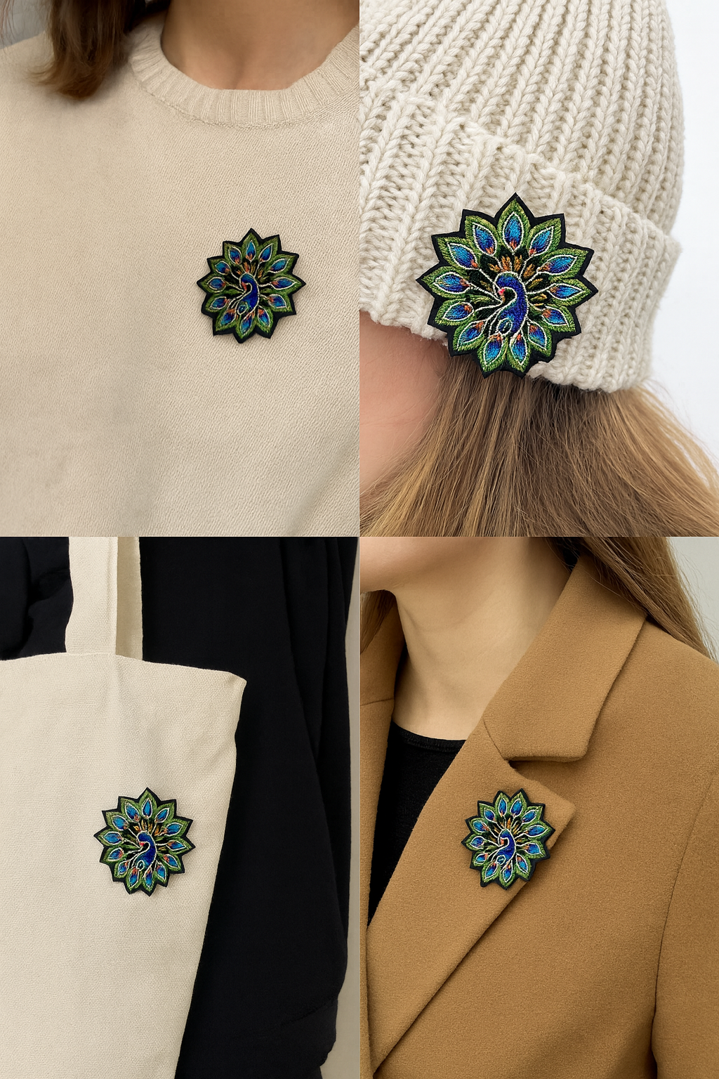 Broche Paon brodée à la main