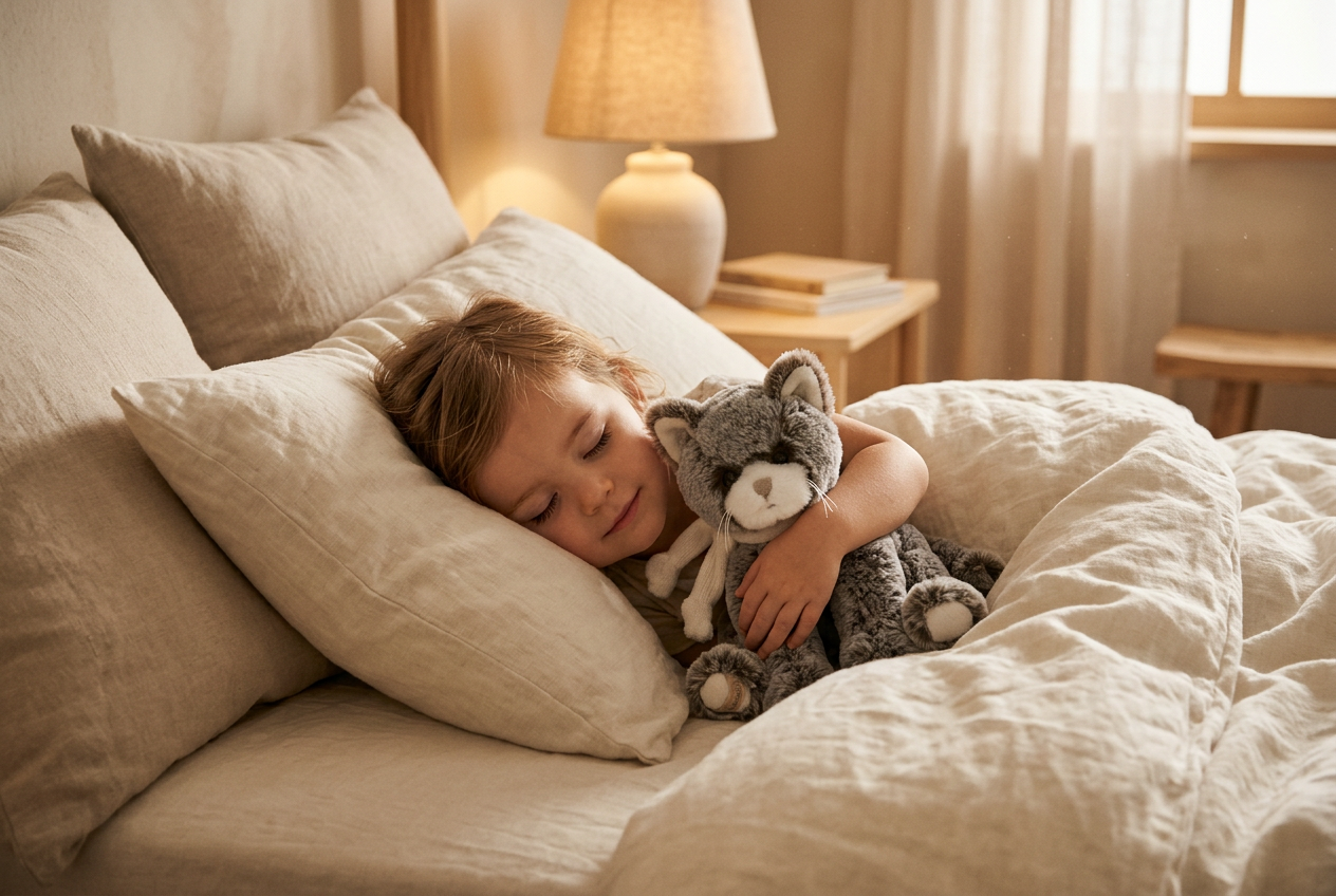 Un enfant endormi dans son lit serre contre lui la peluche chat gris Kitty de Bukowski Design, avec son écharpe écrue
