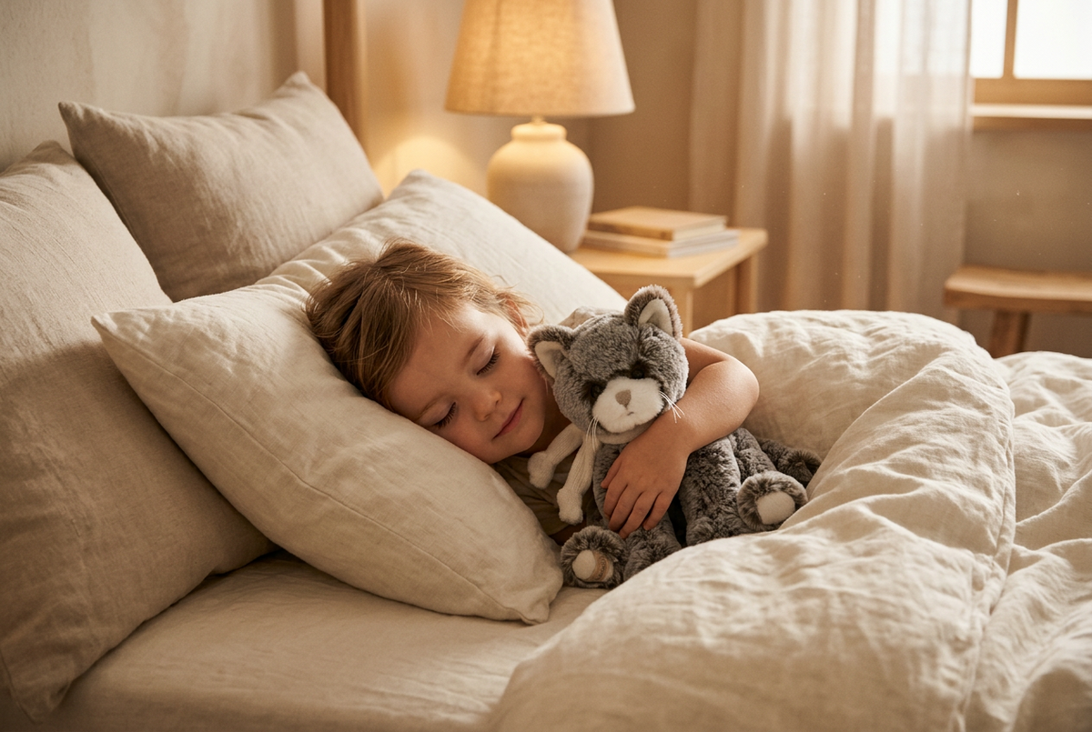 Un enfant endormi dans son lit serre contre lui la peluche chat gris Kitty de Bukowski Design, avec son écharpe écrue